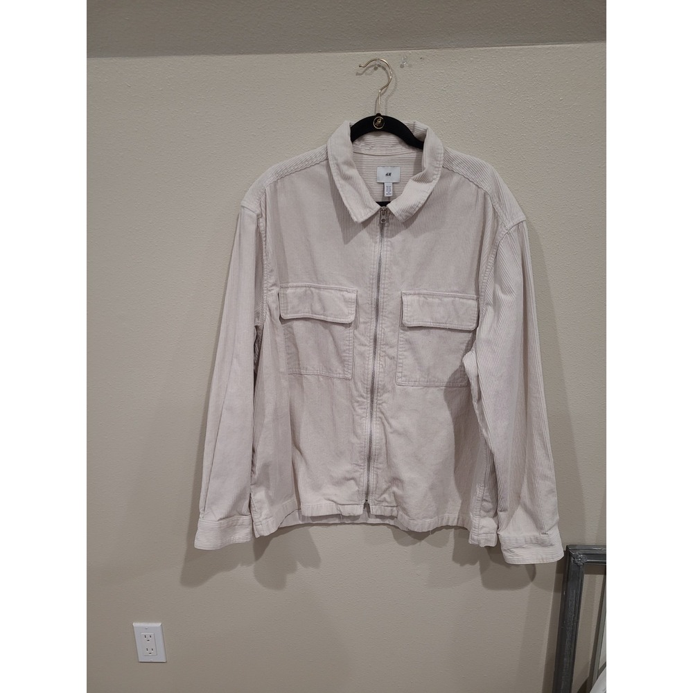H&M Men SZ XXL Corduroy zip‎ front Shirt Jacket Ivory flap pockets preppy casual